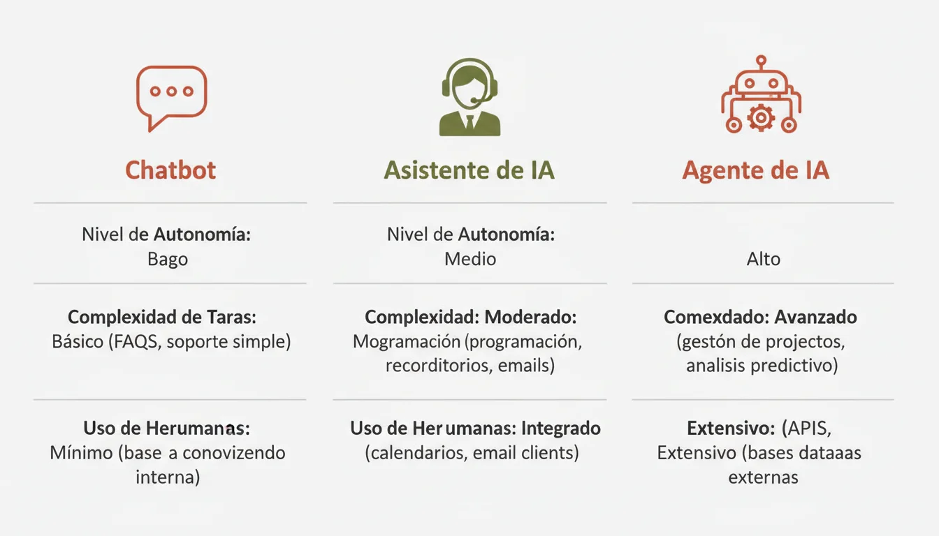 Comparativa visual entre chatbot, asistente de IA y agente de IA mostrando diferencias en autonomía, complejidad y uso de herramientas