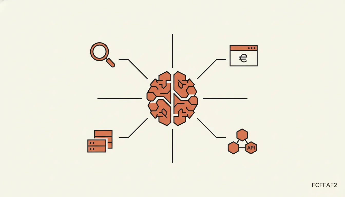 Ilustración de un agente de IA conectado a múltiples herramientas: motor de búsqueda, base de datos, navegador web y APIs
