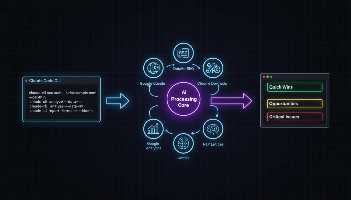 Flujo de auditoría SEO automatizada con Claude Code: desde la terminal, pasando por MCPs conectados a fuentes de datos, hasta el reporte final con issues críticos, oportunidades y quick wins
