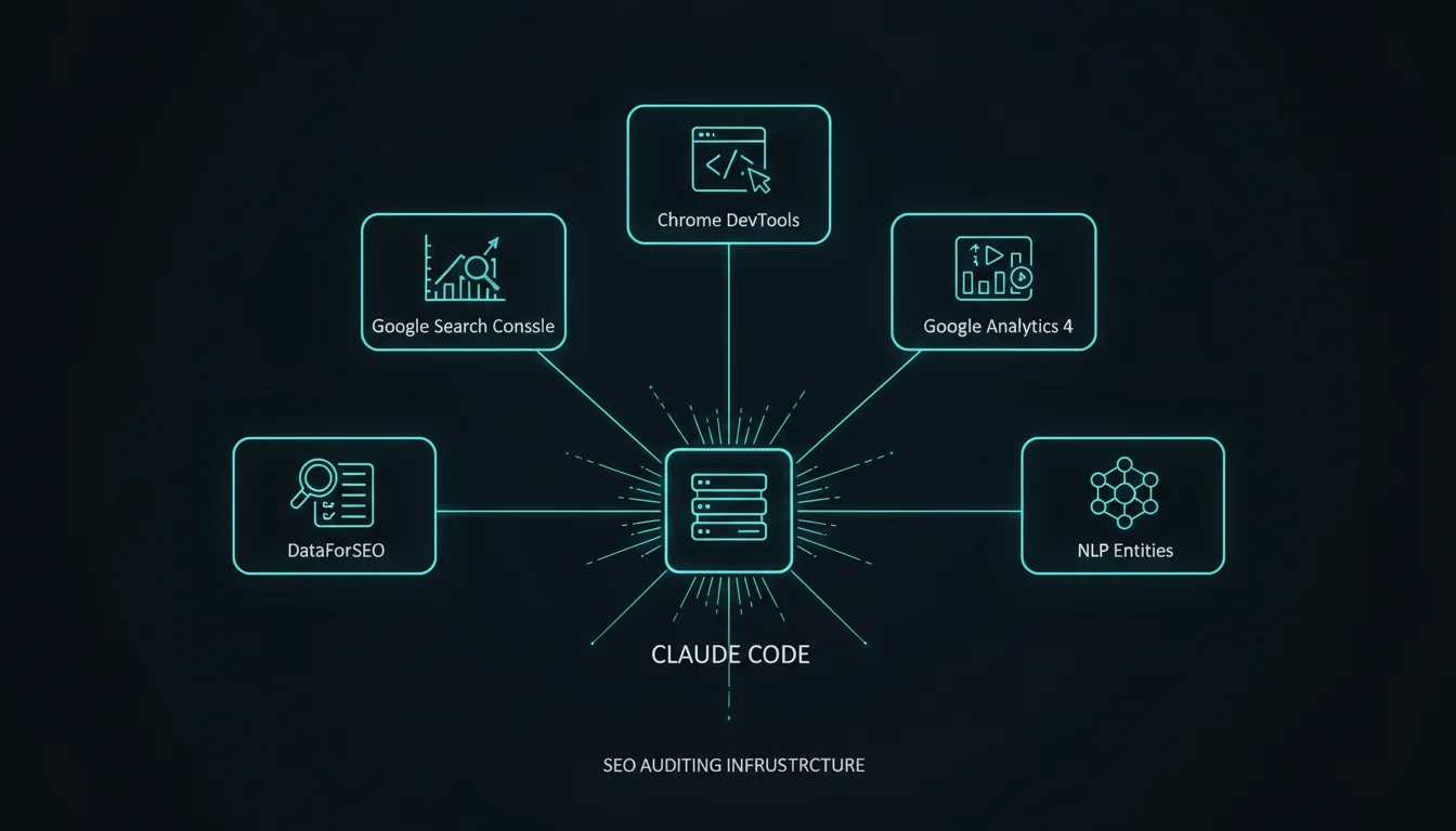 Stack de MCP servers para auditoría SEO: Claude Code conectado a DataForSEO, Google Search Console, Chrome DevTools, Google Analytics 4 y NLP Entities