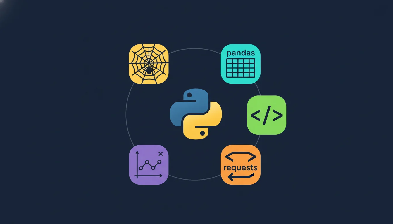 Ecosistema de librerías Python para SEO: pandas, BeautifulSoup, requests, matplotlib y Scrapy alrededor del logo de Python