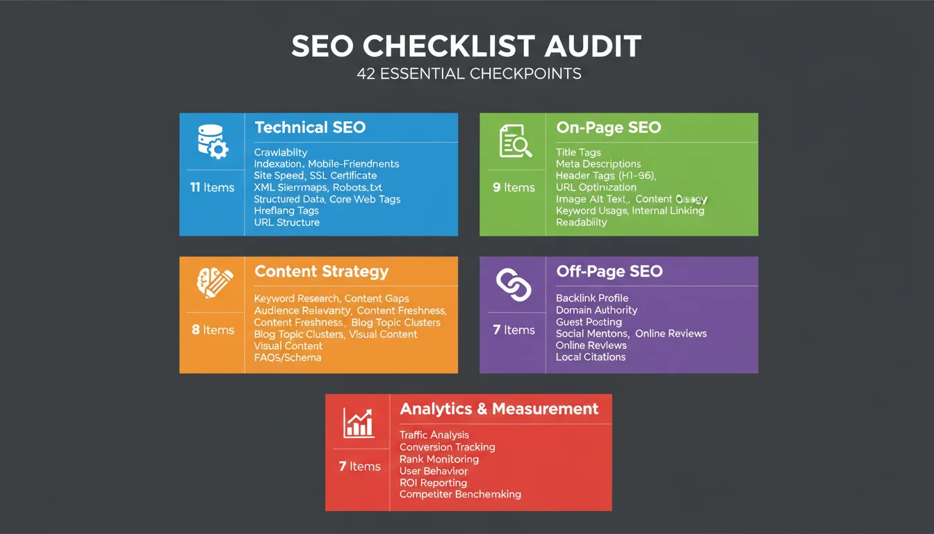 Checklist SEO: 42 puntos organizados en 5 categorías - técnico, on-page, contenido, off-page y medición