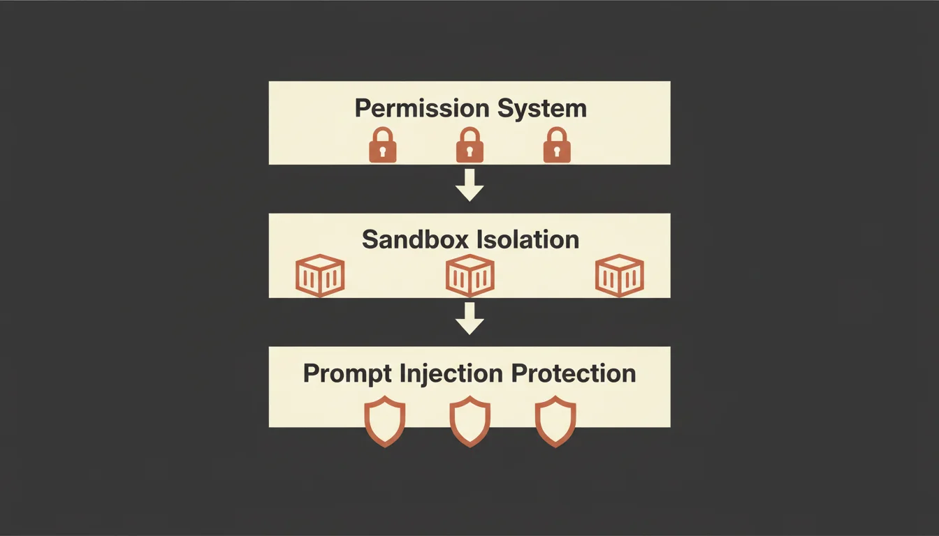 Arquitectura de seguridad de Claude Code en tres capas: sistema de permisos, aislamiento sandbox y protección contra prompt injection
