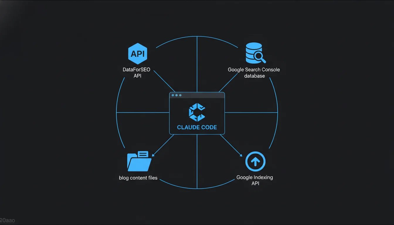 Flujo de trabajo SEO con Claude Code: terminal conectado a herramientas SEO como DataForSEO, Google Search Console y la Indexing API