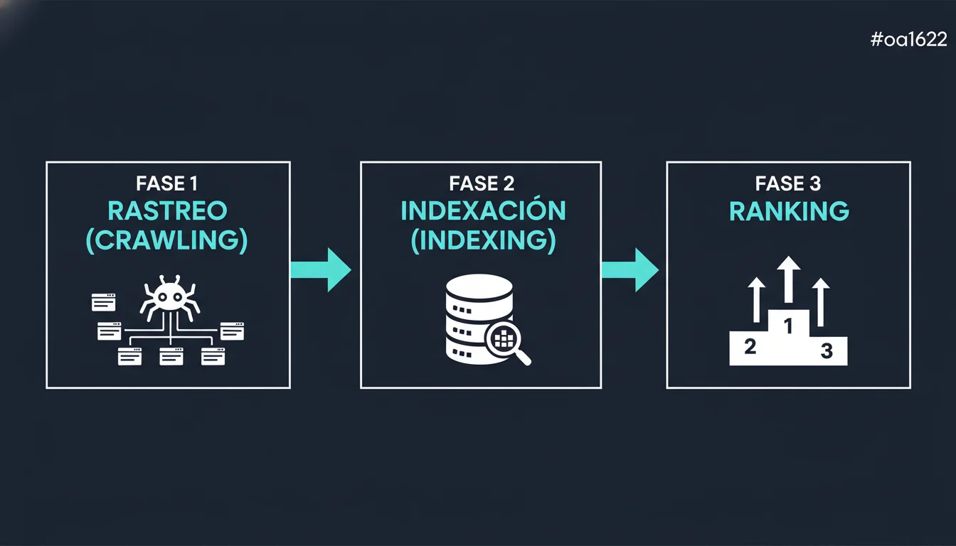 Diagrama del flujo de Google: Fase 1 Rastreo, Fase 2 Indexación, Fase 3 Ranking