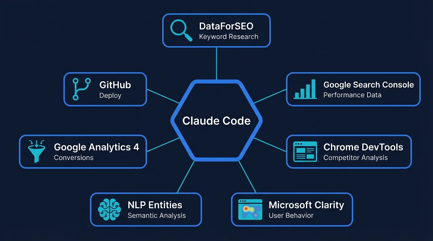 Stack de MCP Servers para SEO conectados a Claude Code: DataForSEO, Google Search Console, Chrome DevTools, Microsoft Clarity, NLP Entities, Google Analytics 4 y GitHub