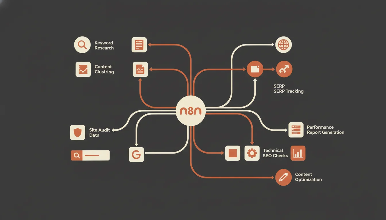 Workflows de automatización SEO con n8n — nodos conectados representando tareas de SEO automatizadas con IA