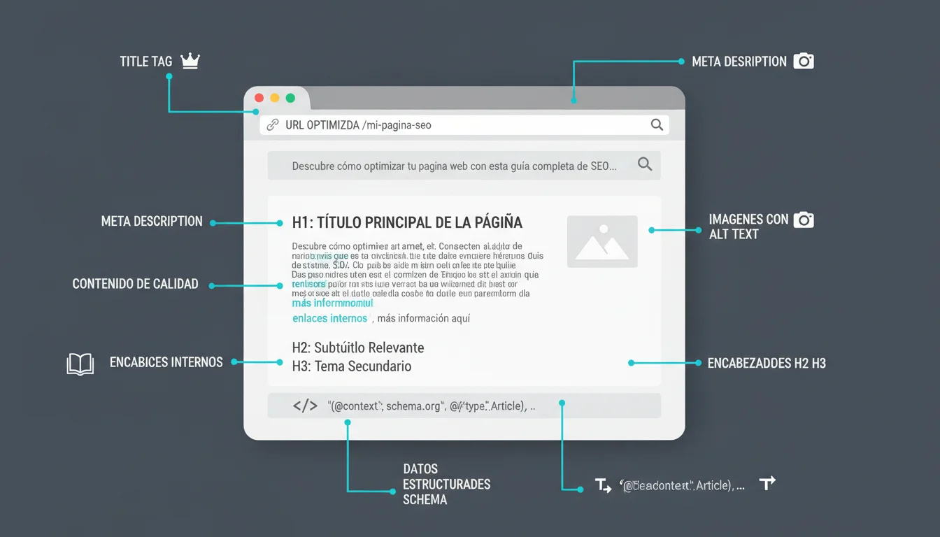 Anatomía de una página web optimizada para SEO: title tag, URL, meta description, H1, contenido, imágenes con alt text, enlaces internos, encabezados H2-H3 y datos estructurados schema