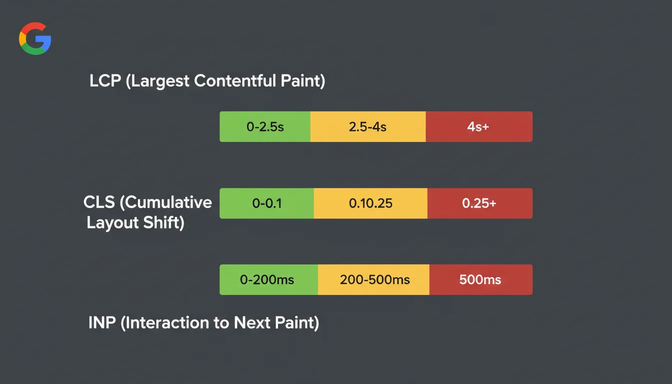 Umbrales de Core Web Vitals: LCP, CLS e INP con rangos bueno, necesita mejora y deficiente